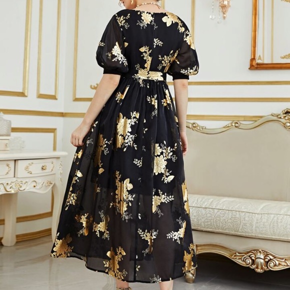 SHEIN Modely Gold Floral Print Lantern Sleeve Belted Dress Size S - Picture 5 of 12